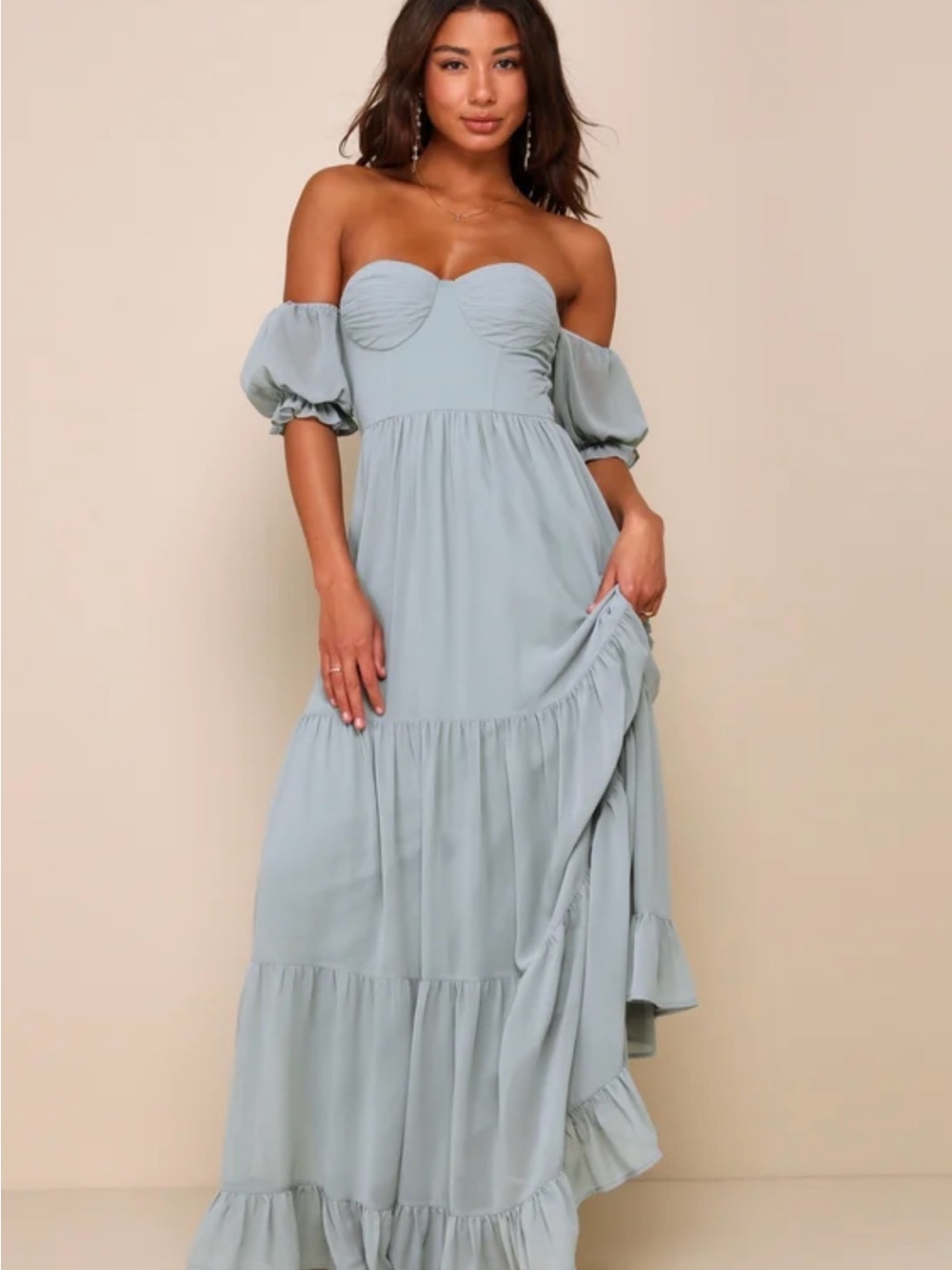 Lulu's Exceptionally Gorgeous Sage Chiffon Off-the-Shoulder Maxi Dress
Lulus